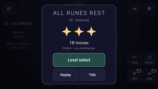 The final level complete: All runes rest, three stars, 18 moves, matched par